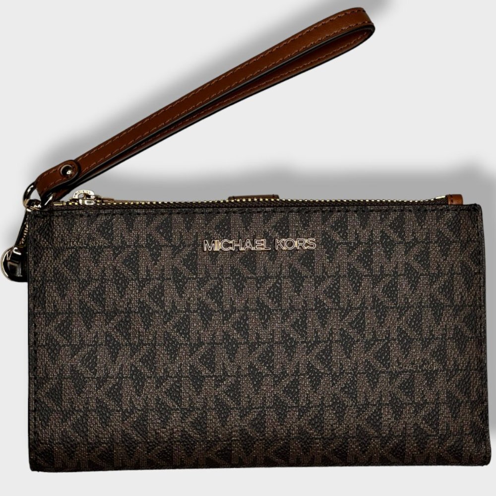 Michael Kors Jet Set Travel Double Zip Wristlet Brown and Tan